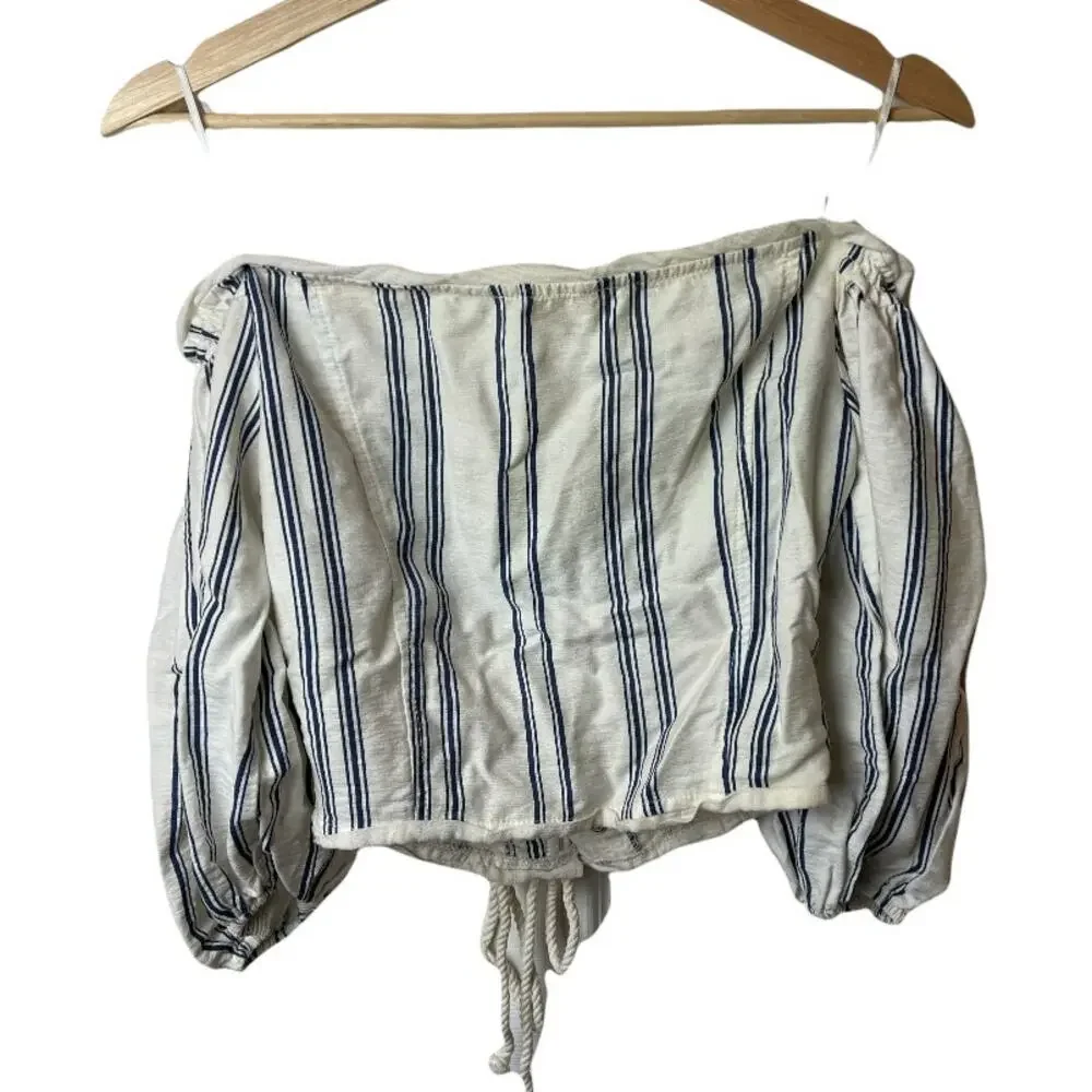 Ecru Lab Off White Blue Stripe Balloon Sleeves Crop Rope Tie Front Shirt Top M - Picture 2 of 7